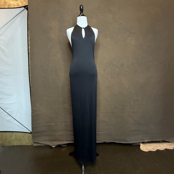 KOKIN New York Black Leather-Trim Halter Gown Size 10 Elegant Evening Statement - Picture 2 of 16